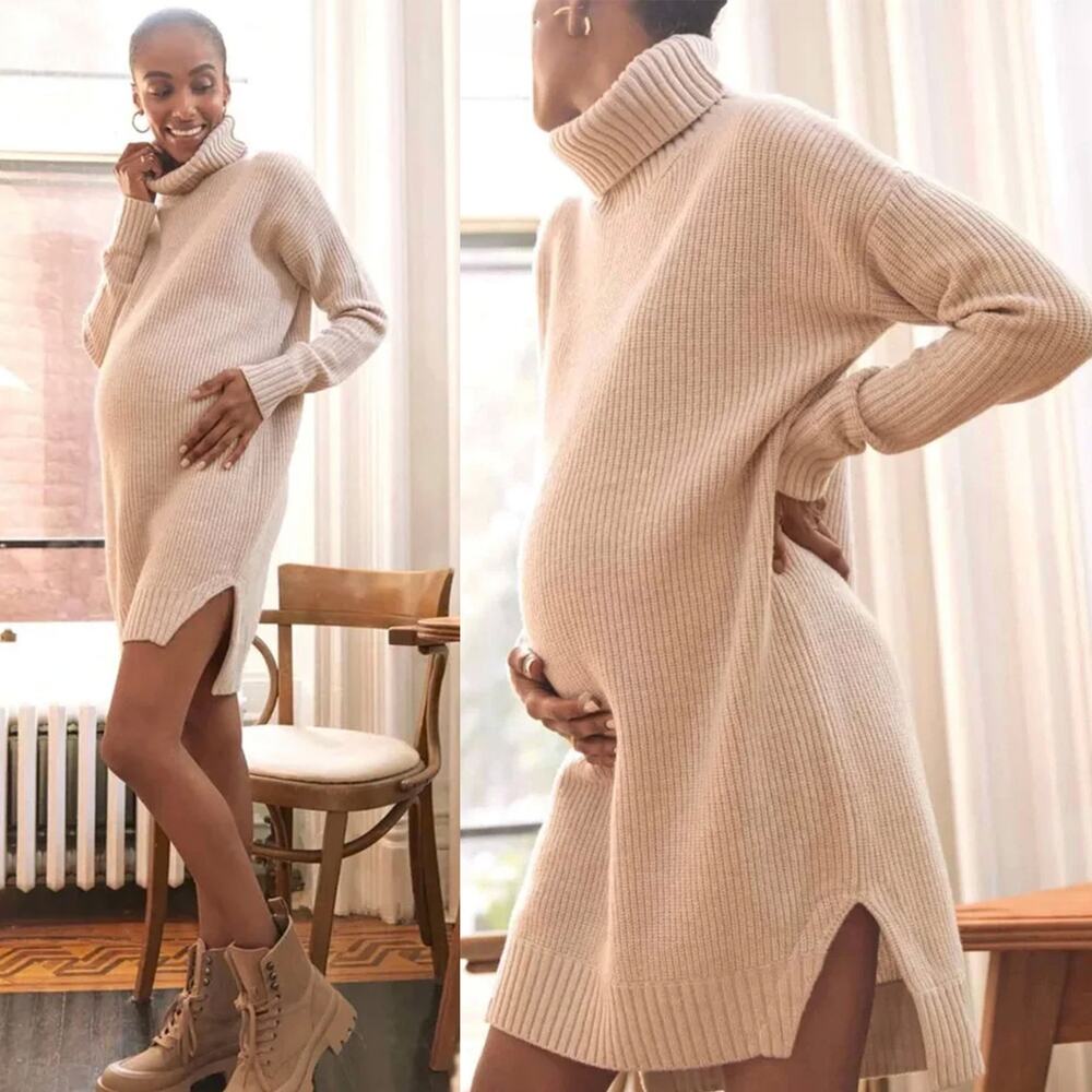 HATCH Serena Maternity Merino Wool Turtleneck Knit Dress Beige Size 4 XL